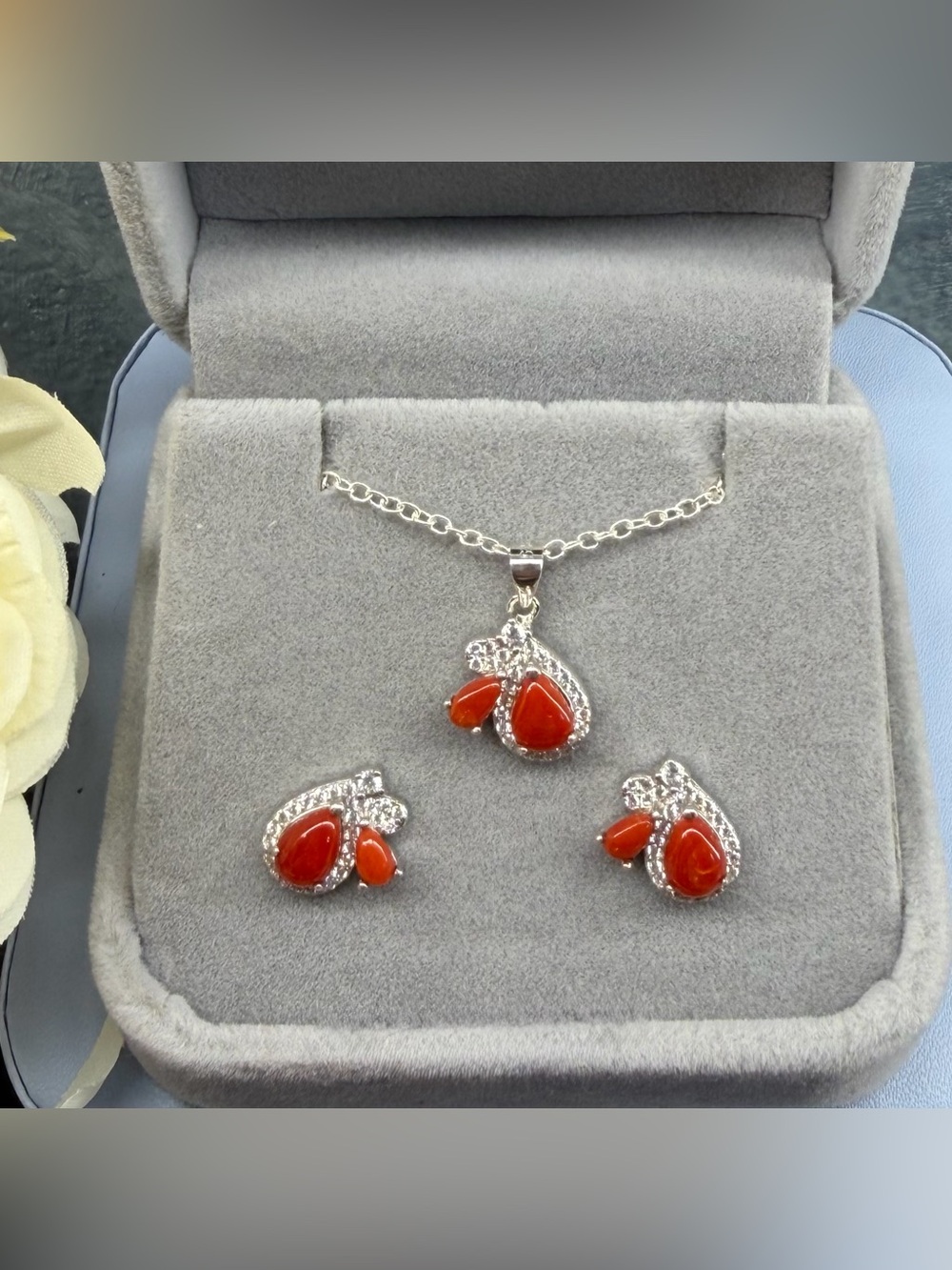 Vintage Natural Red Coral Pendant Necklace & Earring Set 925 Sterling silver 18”